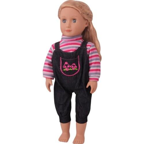 18 inch Girls doll clothes Pantsuits with magenta stripes T-shirt American new born dress Baby toys fit 43 cm baby dolls c802