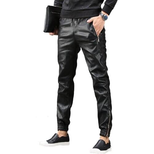 TSINGYI Fashion Moto Elastic Waist Faux Leather Pants Men Joggers Zipper Pockets Black Streetwear Slim Pencil Pant Men Clothing