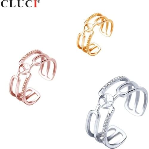 CLUCI Silver 925 Hollow Women Adjustable Pearl Ring Mounting for Jewelry Making Rose Gold Color Zircon Rings SR2067SB