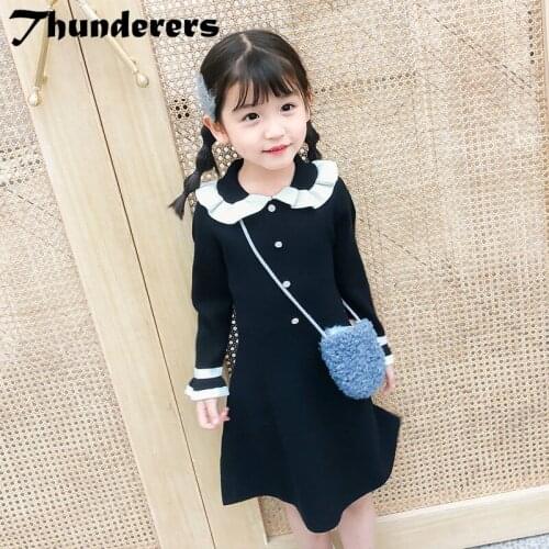 Thunderers Spring Autumn Kids Princess Dress For Girls WIth Lace Lapel Knit Fashion Children Girl Party Dress Baby Clothes