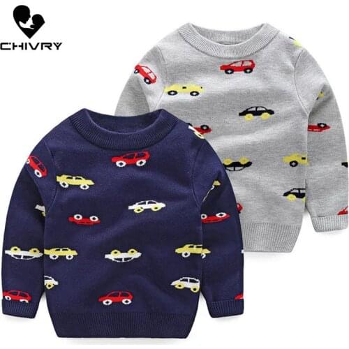 Kids Children Pullover Sweater Autumn Winter Boys Girls Cartoon Car Print O-neck Knitted Sweaters Tops Clothing for 2-7T