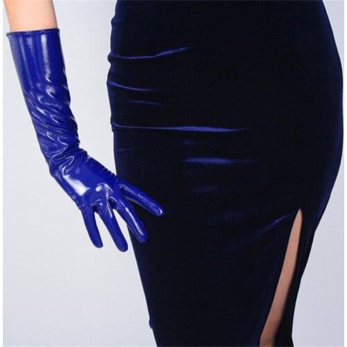 40cm Patent Leather Long Gloves Long Section PU Emulation Leather Warm Bright Leather Mirror Royal Blue Dark Blue Female WPU57