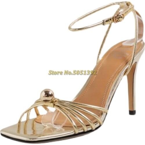 Stiletto High Heel Dress Women Sandals Square Toe Pearls Decoration Ankle Strap Cut Out Dress Women Sandals Dress Party Shoes