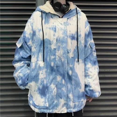 Korean Lamb Wool Womens Coat Zipper Winter Autumn Snow Mountain Tie-dye Printing Japanese Harajuku Cotton Loose Jacket Female