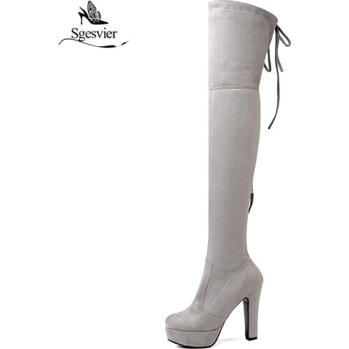 Sgesvier Kid Suede Women Boots Shoes Winter High Boots Sexy Stretch Over The Knee High Boots Black Slim Thick High Heels OX551