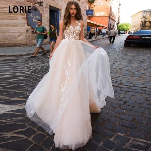 LORIE Light Pink Wedding Dresses Lace Appliques Soft Tulle Bridal Gowns Bohemian 2020 Sleeveless Beach Wedding Party Gown