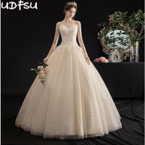 UDFSU Women Boat Neck Vintage Tulle Wedding Dresses Appliques Simple Ball Gowns Princess Lace Floor Length Wedding Gown
