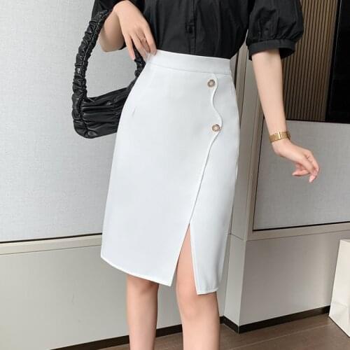 2021 Korean New Simple Buttock Skirt Women Retro High Waist Slim A-line Office Skirt Irregular Split Lady Midi Skirt Female