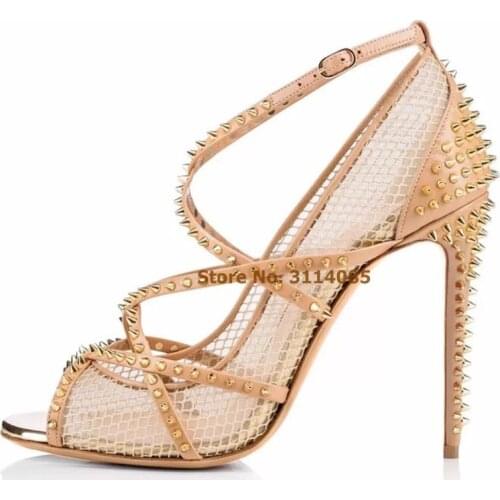 Women New Arrival See Through Mesh Gladiator Sandals Thin High Heels Patchwork Gold Silver Rivets Dress Shoes Cross Strappy Pump