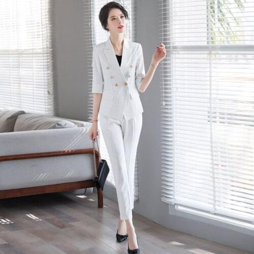 Spring professional womens pants suit feminine Casual striped elegant ladies blazer jacket Stylish office set high quality