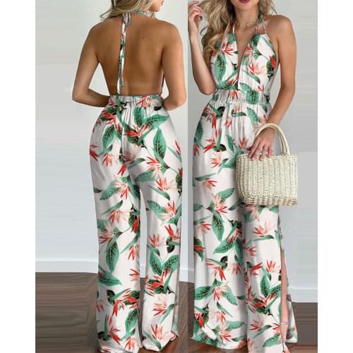 Women Floral Print Long Jumpsuits 2021 Summer Sleeveless Deep V-neck Backless Halter Loose Jumpsuit For Holiday Club picnic