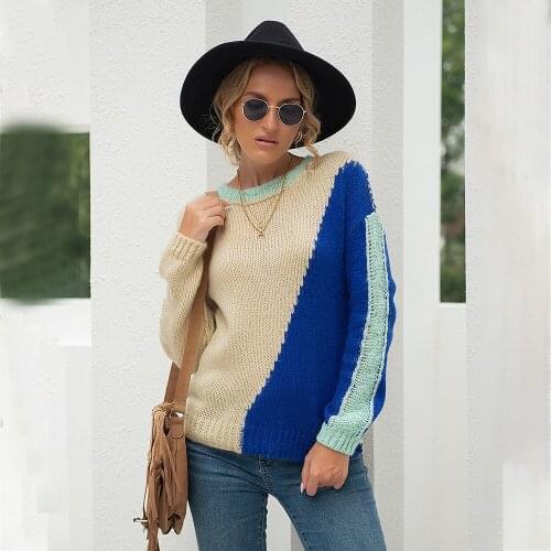Womens White And Blue Striped Sweater Early Autumn Round Neck Warm Long Sleeve Sweater Tops For Women