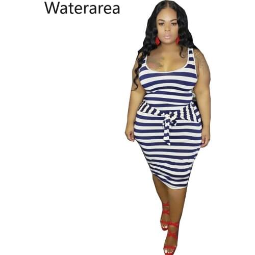 2019 Summer Plus Size Dress Women Sexy Strapless Sleeveless Striped With Belt Bodycon Pencil Knee-Length Dress OMFDM070