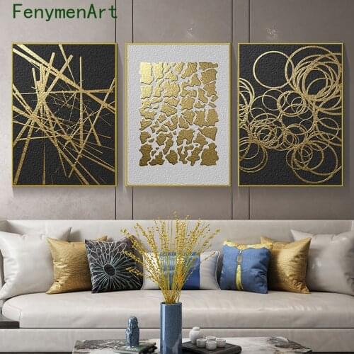 Gold Leaf Geometric Pattern Canvas Painting Black Gold Wall Art Minimalist Poster Abstract Picture for Living Room Home Decor