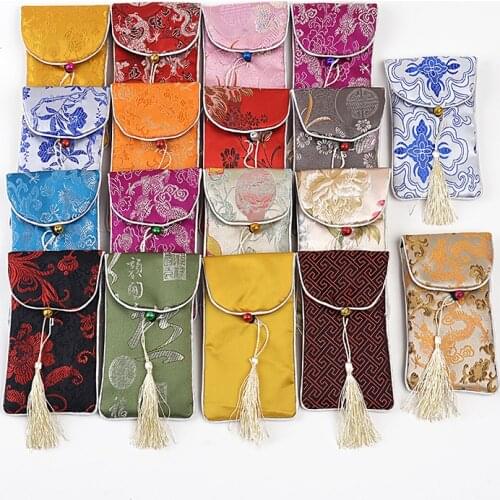 2pcs Neck Rope Mobile Phone Bag Case Flower Glasses Cover Jewelry Storage Christmas Party Favors Chinese Silk Brocade Pouches