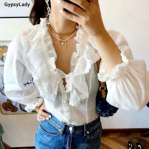 GypsyLady White Spring Sexy Blouse Shirt Long Lantern Sleeve Women Shirt Holiday Casual Chic Ruffles Lace Vintage Blouse Top