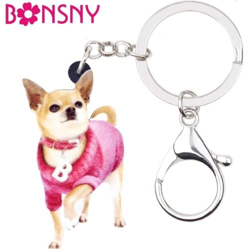 Bonsny Acrylic Sweet Pink Walking Chihuahua Dog Key Chains Keychain Rings Animal Jewelry For Women Girl Handbag Charms Gift Bulk