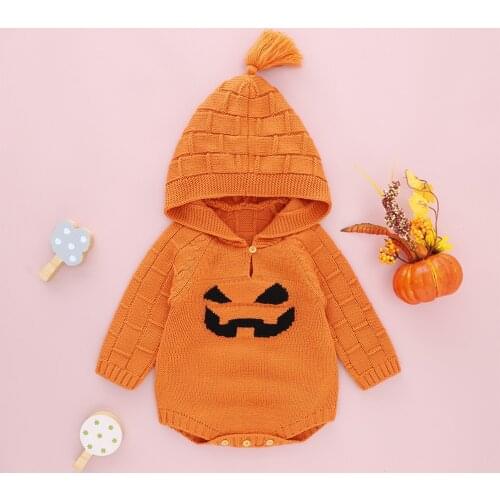 Halloween Cosplay Party Unisex Infant Pumpkin Grimace Pattern Knitted Romper Baby Girls Boys Cute Long Sleeve Hooded Top