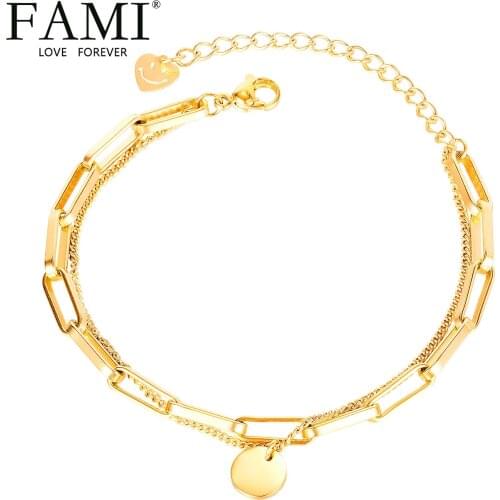 FAMI Korean Smile Face bracelets LUCKY LOVE SWEET LADY ADJUSTABLE CHAINS SQUARE HOLES TWO double layers ELEGANT Titanium Steel