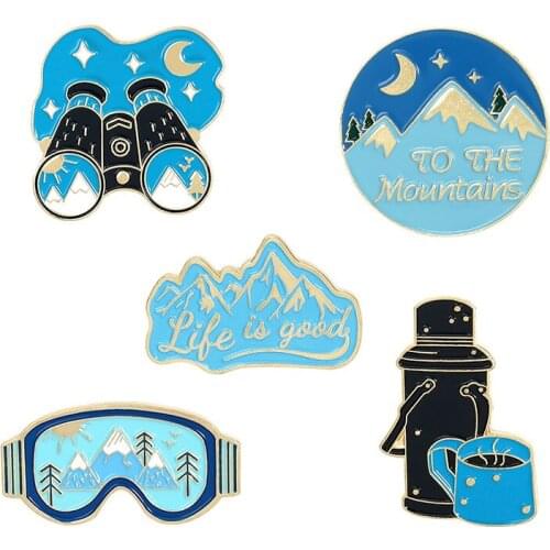 HOSENG Summer Blue Swimming Goggles Telescope Thermos Bottle Mountain Brooch Hiking Backpack Jewelry Enamel Gift Pin HS_128
