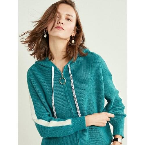 JECH2019 Women Cardigans Cashmere Wool Hooded Cardigans Striped with Cap Cardigans Knitted Sweater Girls Sweaters