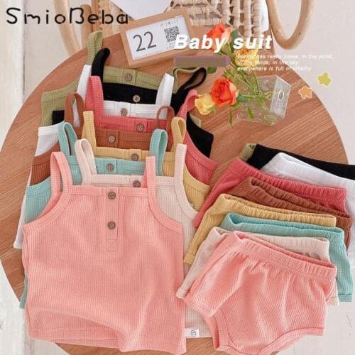Ins Korean 0-3 Years Baby Summer Suspender Vest Shorts Two Piece Kids Girls Cool Simple Top Shirts PP Shorts Solid Home Clothes