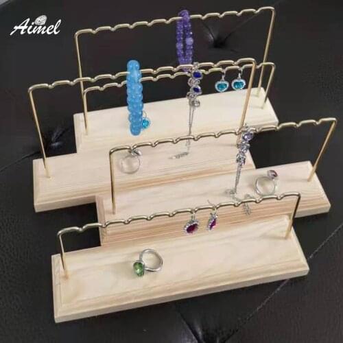 Fashion Wave Metal Earring Jewelry Hanging Rack With Natural Wood Base Ring Bracelet Bangle Jewelry Display Organizer Stand