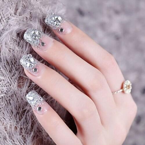 24Pcs Silver White False Nails Acrylic UV Gel Full French Fake Art Tips Tools