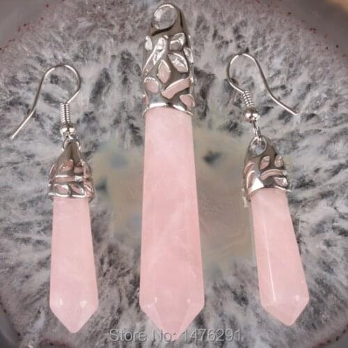 Charm Pink Quartz Beads Hexagon Prism GEM Pendant & Earring 1 SET