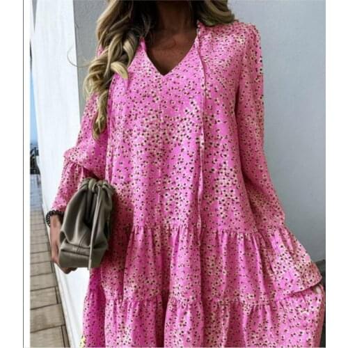 2021 Sexy V Neck Daisy Print Women Dress Elegant Flare Long Sleeve Boho Party Dress Autumn Casual Pleated Loose Dress Vestidos