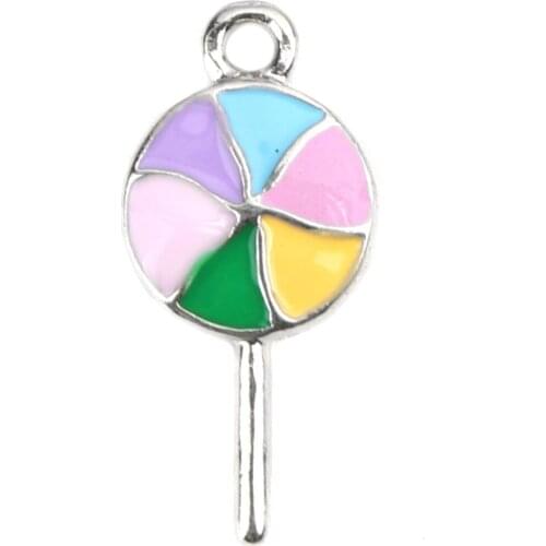 Zinc Based Alloy Charms Lollipop Pendants Silver Color With Multicolor Enamel 20*10mm For DIY Necklace Jewelry Making, 5 PCs