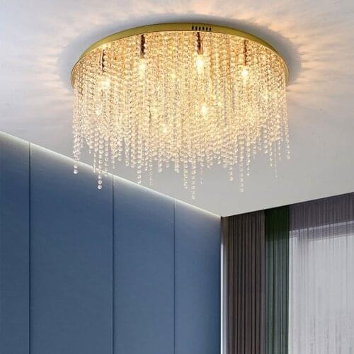 Luxury Crystal Tassel Gold Steel E14 Led Ceiling Light Modern Living Room Round Mounted Ceiling Lamp Deco Indoor Lighting Lamp