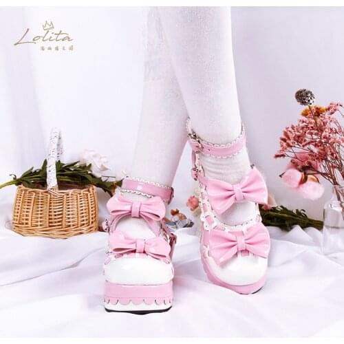 Japanese Round Toe Lolita Sweet Lace Bow Heart shape Princess Cosplay Shoes Kid Girl Women Gift International Childrens Day