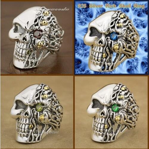 Solid 925 Sterling Silver Cool Mens Knight Rich Skull Ring Punk Rock Retro Fashion Cubic Zirconia Ring 8V12306 US Size 7~15