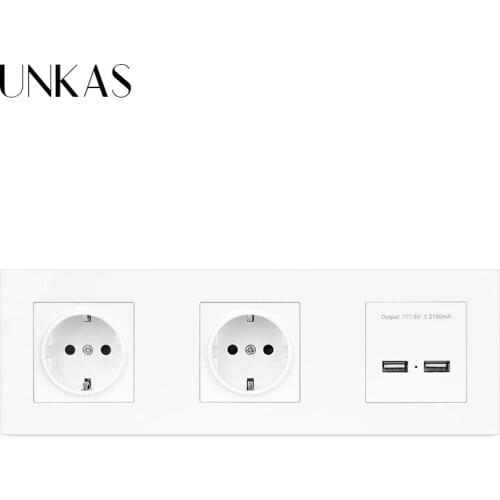 UNKAS PC Plastic Panel Double Wall Socket 16A EU Electrical + Dual USB Smart Charging Port 5V 2A Output 3 Gang 258mm*86mm Outlet