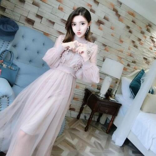 Women Dresses Dress Lady Style Lantern Sleeve Mesh Lace Dress Vestido De Mujer