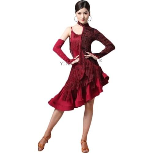 Performance Wear Professional Latin Dance Competition Clothing Sexy Female Adult Long-sleeve Tassels Sling Dress Women New Dress
