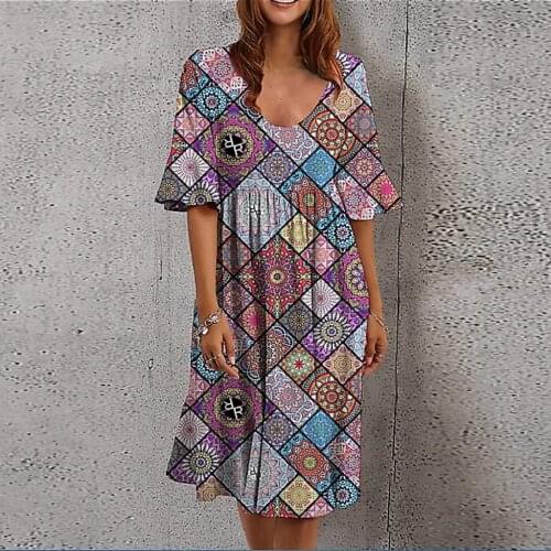 2021 womens dress loose summer dress womens O-neck short-sleeved ruffle party dress plus size casual floral print boho spring