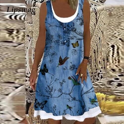 Summer Fashion Square Collar Sleeveless Party Dress New Women Butterfly Print Button Tank Dress Vintage Casual Beach Loose Dress