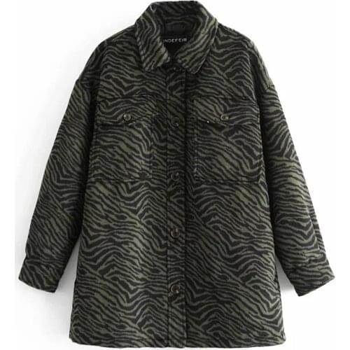Women Fad Winter Animal Print Warm Lapel Coat Pockets Female Outerwear Retro Fashion Chic Overcoat