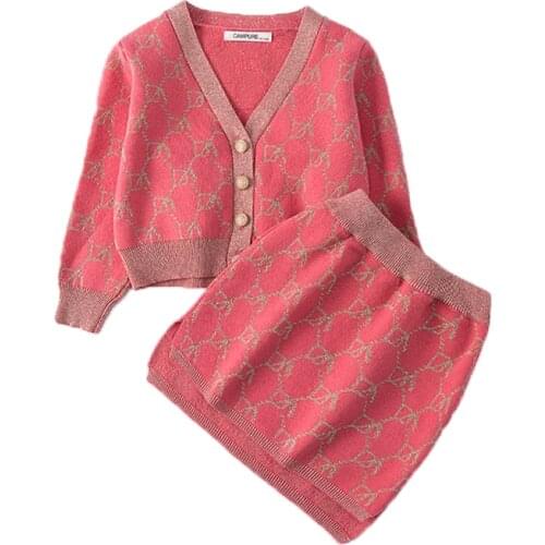Toddler Baby Girls Printed Knitted Sweater Skirt Set Children Clothing Aututmn Kids V-Neck Coat Tops Princess School Wear 2pc