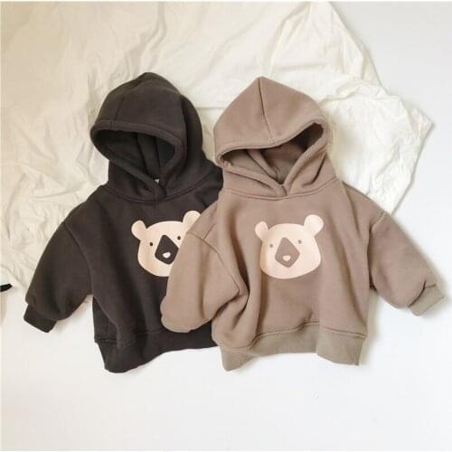 2021 Korean Winter New Childrens Cartoon Bear Hooded Sweatshirt Baby Boys and Girls Unisex Plus Velvet Padded Top Tees 2-7Y