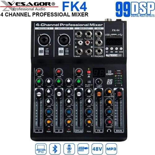 Wireless 4-Channel Audio Mixer Portable Sound Mixing Console USB Interface Computer Input 48V Phantom Power Monitor for Input