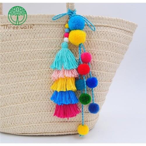 Boho Style Pompons Keychains With Colorful Tassel For Women Bag Hanging Wooden Beads Pendant Summer Jewelry