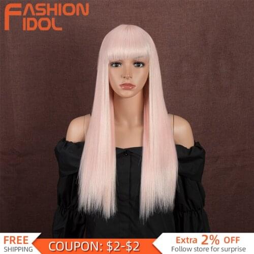 Lolita Style Pink Wigs With Bangs Cosplay Long Straight Hair 25 Inches Anime Synthetic Black Wig For White Women FASHION IDOL