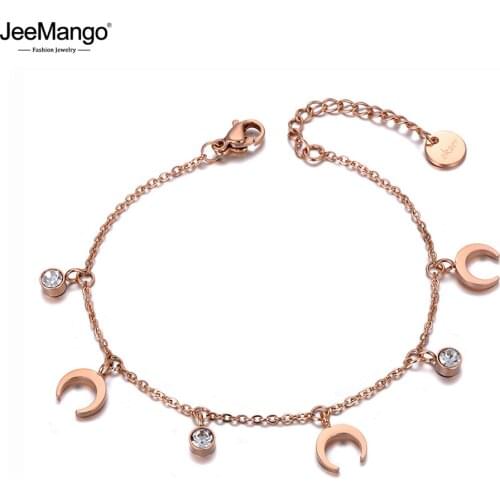 JeeMango Fashion Stainless Steel Moon & CZ Crystal Charm Bracelets For Women Girls Bohemia Chain & Link Party Bracelet JB19138