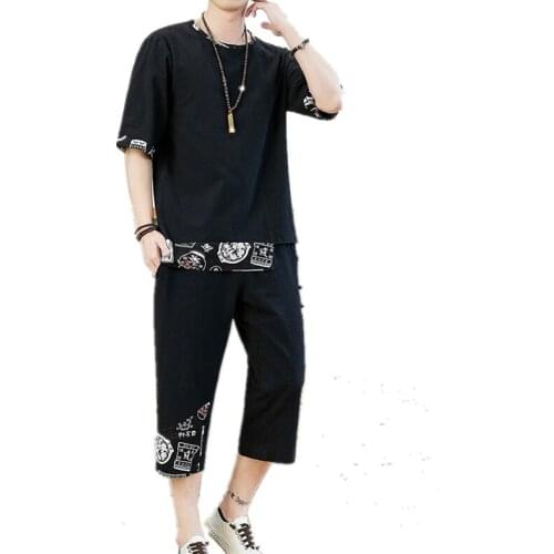 Plus Size 5XL 4XL Men Tracksuits Suits Set Cotton Short Sleeve Summer Mens Clothing Crew-Neck TShirt + Cropped Pants