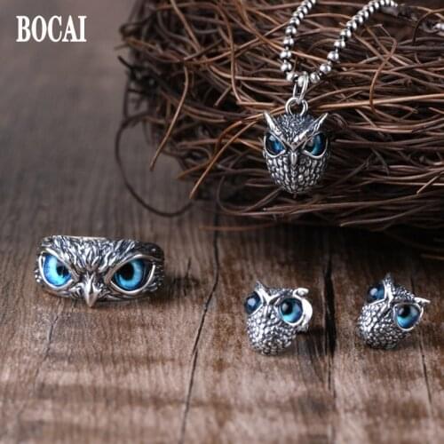 BOCAI New pure S925 silver men and women ring retro fashion jewelry simple design owl ring