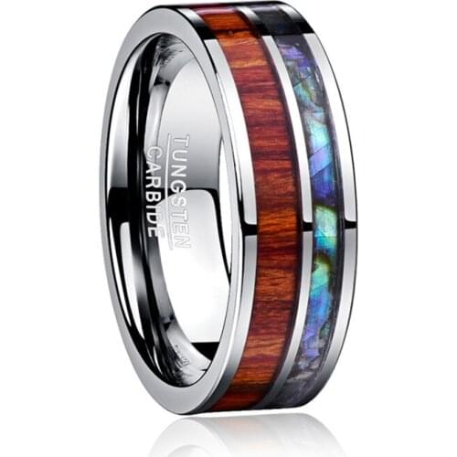 8MM Wide Mens Ring Polished 100% Tungsten Carbide Ring Inlay Wood Grain Natural Shell Flat Edge Comfort Fit Size 7-12