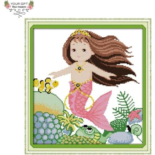 Joy Sunday R638(5) Free Shipping 14CT 11CT Counted and Stamped Home Decoration The Little Mermaid Embroidery Cross Stitch kits